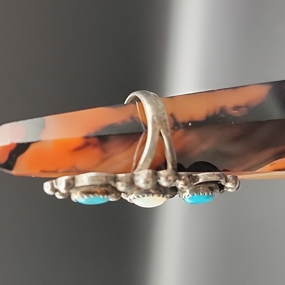 Vintage Navajo Sterling Silver Turquoise Mother Of Pearl 3-Stone Statement Ring - Picture 5 of 12
